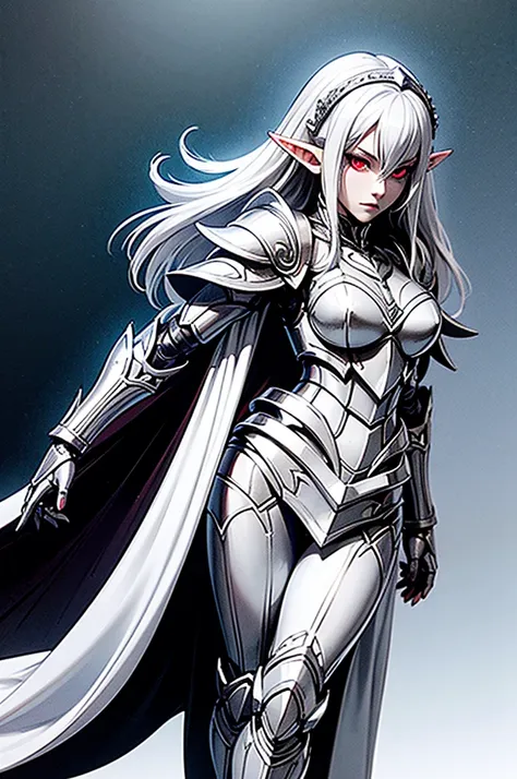 female elf knight, full body art, silver hair, white skin, red iris eye, knight full plate adorned armor, silver cape, perfectly detailed