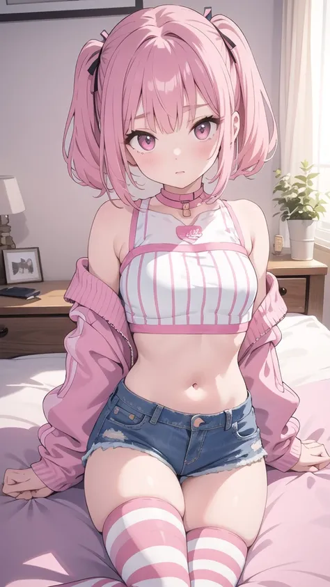 (masterpiece, best quality), 1girl, pink hair, crop top, denim shorts, bedroom, striped thighhighs,