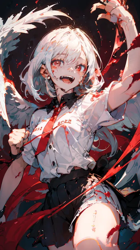 (woman\(血の滴るreddish black天使の輪が頭の上にあります, angel girl,my mouth is split,pure white hair,red eyes, pure white skin, white short slee...