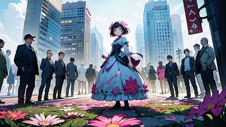 A vibrant flower blooms on the dirty ground of a large gray avenue. A crowd of gray, soulless people crosses the streets. A colorful , glowing with bright hues, stands protectively over the flower, protecting it with her little hands and determined eyes. S...