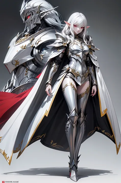 female elf knight, full body art, silver hair, white skin, red iris eye, knight full plate adorned armor, silver cape, perfectly...