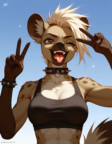 Solo, score_9,score_8_up,score_7_up, source_furry, a tall female spotted hyena, brown snout, black nose, brown eyes, short spiked undercut platinum blonde hair, black lips, hyena tail, brown hyena ears, winking, tongue out, holding up peace sign, wearing b...