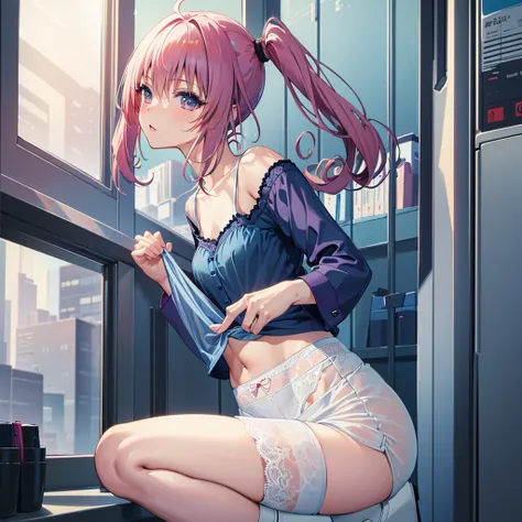 masterpiece, best quality, highres, aanana, long hair, twintails,1girl.solo,office, bookshelf,office lady,milf,
( blue lace sheer shirts:1.3),(short sleeves:1.1),white panties, sheer leggings, shirt, skirt,
squatting,