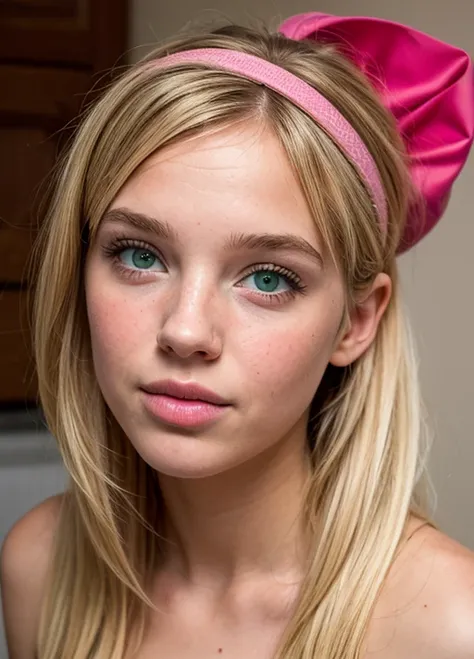 nat, 1girl, pink headband, green eyes,  blonde hair, long hair, lips, bang, blush, nude, 18 years old