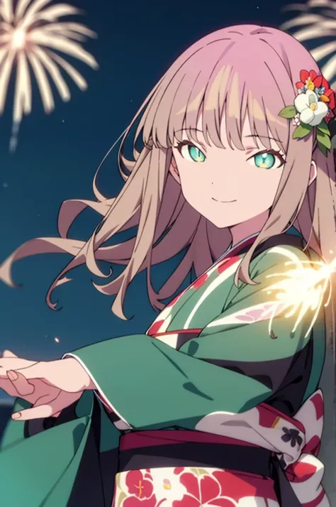 Yume Minami,sss dynazenon ,Brown Hair,Green Eyes,hair tied back,Flower hair ornament,Aka kimono,Thick sleeves,Sandals,So that the whole body goes into the illustration,smile,Fireworks in the night sky,Fireworks,The place is a fireworks display、Time is nigh...