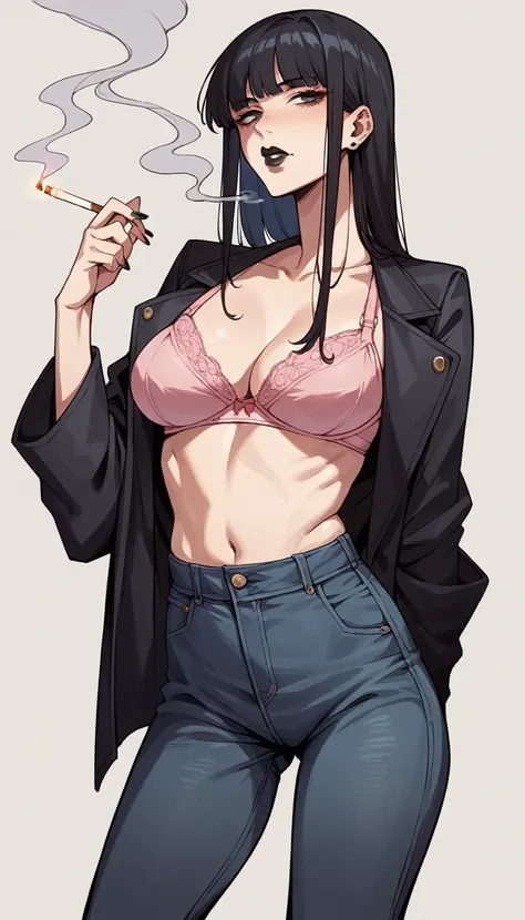 score_9, score_8_up, score_7_up, source_anime, rating_explicit, beautyful mature japanese woman, slim body, slender body, black jacket, lowered black jeans,big long fringe black hair, black lipstick, pink bra, SMOKING, pink panties