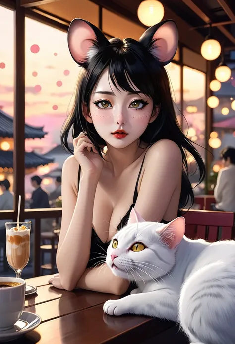 utamaro style , Hallucination, daydream , nightmare , Insane Dream , bokeh , erotica , romance , realistic mouse girl and realistic cat man , realistic nose , cafe terrace