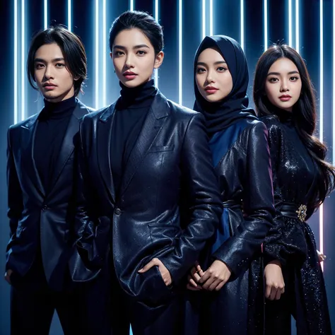 indonesian group cover, photo editor, creative design, must consisting of 4 people; one man with long hair, one man with short hair, one woman with a hijab, one woman with long hair, they wore dark blue matching glamour outfit, standing posing confidently ...