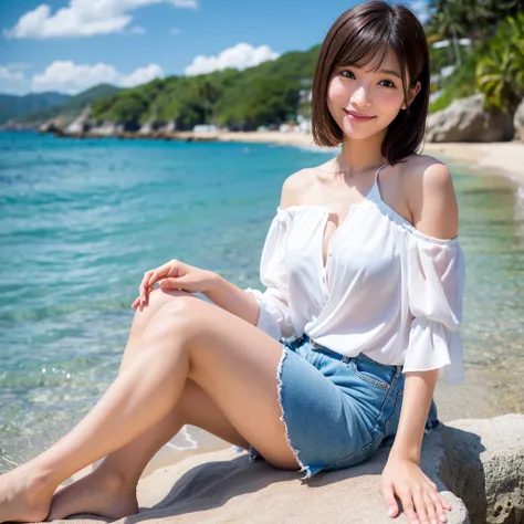 (Captured by a professional photographer:1.2), high quality, Realistic, Best image quality:1.3, (RAW Photos:1.1), Amateur models, (Accurate skeleton:1.2), (Attention to detail:1.1), 30 years old, Japanese women,(Beach), (White blouse:1.2, hot pants:1.2),Of...