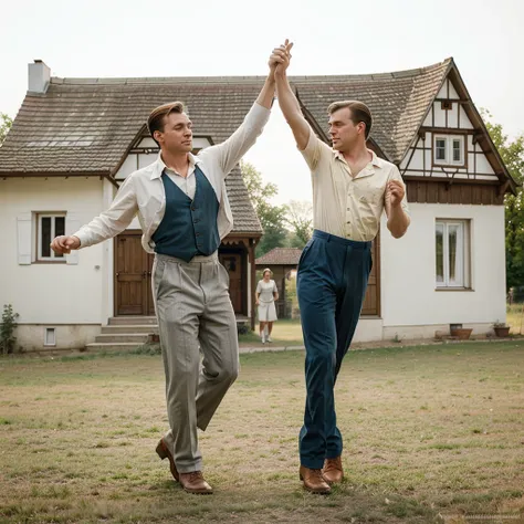 watercolor drawing in Retro-Look, rural german village, man and woman dance, full body shot, in the style of classic Americana, white background, Andrew Loomis style, Masterpiece work of art,