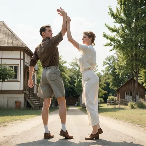 watercolor drawing in Retro-Look, rural german village, man and woman dance, full body shot, in the style of classic Americana, white background, Andrew Loomis style, Masterpiece work of art,