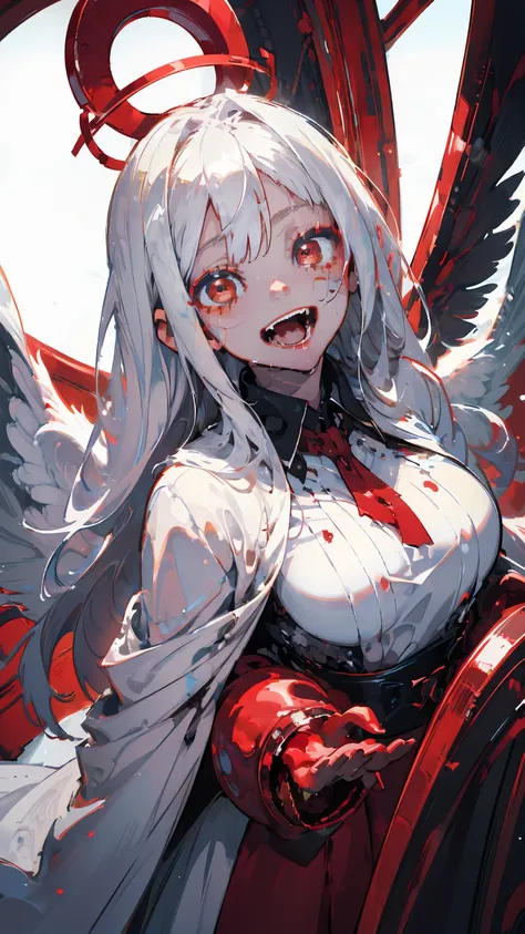 (woman\(a dark red angel halo made of blood is on his head., angel girl,my mouth is split,pure white hair,red eyes, pure white s...