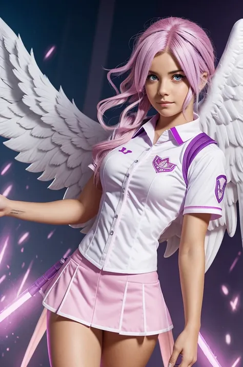 My hero academy girl with pink and white hair with purple eyes and big angel wings with the UA uniform