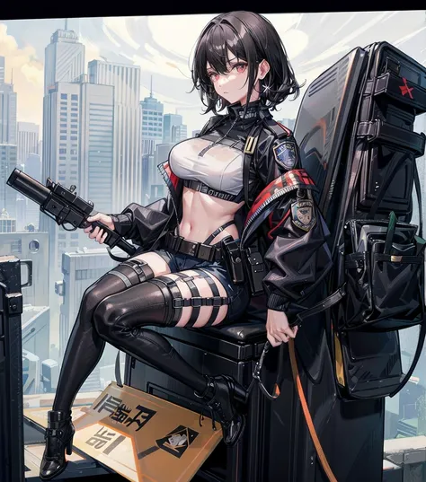 full body, medium tits, medium hair, black hair, tearful mole, earring, Sexy female police officer, uniform, Tactical belt with equipment, Glossy Badges,