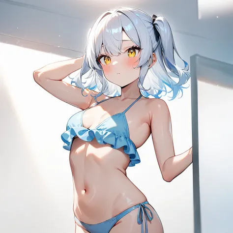 1 girl,Solo,twosideup,(light blue and white hair),yellow eyes,shiny hair,Bikini,stomach,masterpiece, best quality, very aesthetic, absurdres 