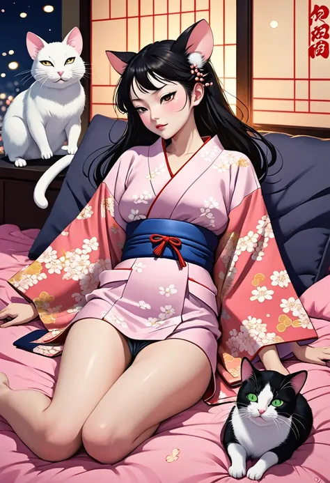 (utamaro style) , Hallucination, daydream , nightmare , Insane Dream , bokeh , erotica , romance , realistic mouse girl and realistic cat man , kimono , futon