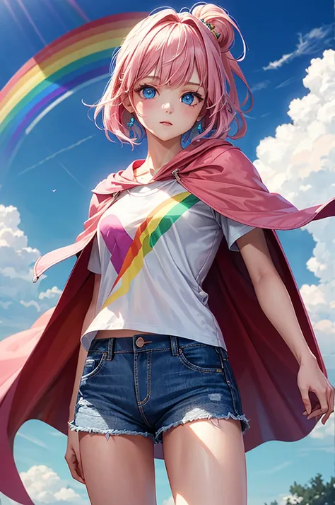 ((best quality)), ((masterpiece)), (detailed), 1girl, Pink hair, blue eyes, white t shirt with rainbow on it, blue Jean shorts, pink cape, standing on cloud, young. Ethereal beauty. 