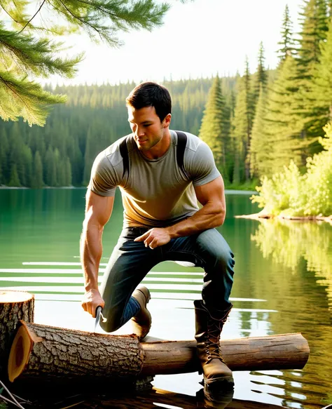 A tall, athletic man with dark hair and piercing eyes, representing Jeremy Crawford from the book Verity, is shown cutting wood near a serene lake. He is wearing casual, outdoor attire - a fitted t-shirt that highlights his muscular build, jeans, and sturd...