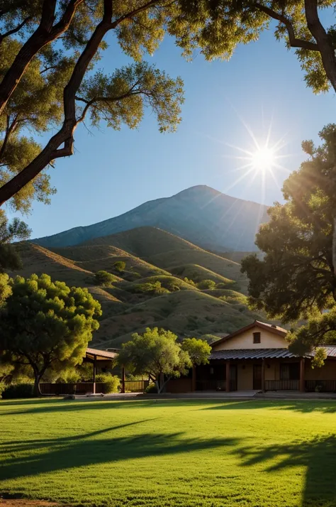 A logo for Rancho los cipreses that has a rising sun over a green mountain and the sun&#39;s rays illuminate a country-style tile house.