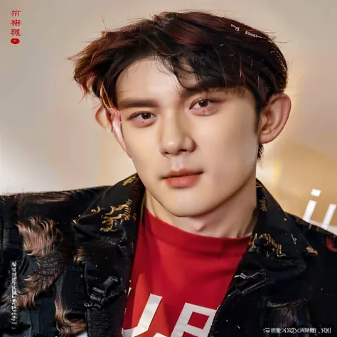 a close up of a person wearing a jacket and a red shirt, jinyoung shin, cai xukun, portrait of kpop idol, hyung tae, yanjun chengt, inspired by Bian Shoumin, mark lee, jinyoung shin aesthetic, hong june hyung, young wan angel, jung jaehyun, ten lee, wan ad...