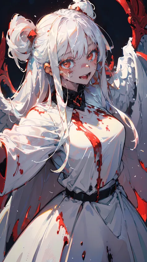 (woman\(a dark red angel halo made of blood is on his head., angel girl,my mouth is split,pure white hair,red eyes, pure white s...