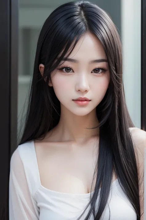 Korean woman with long black hair, with beautiful face Realistic