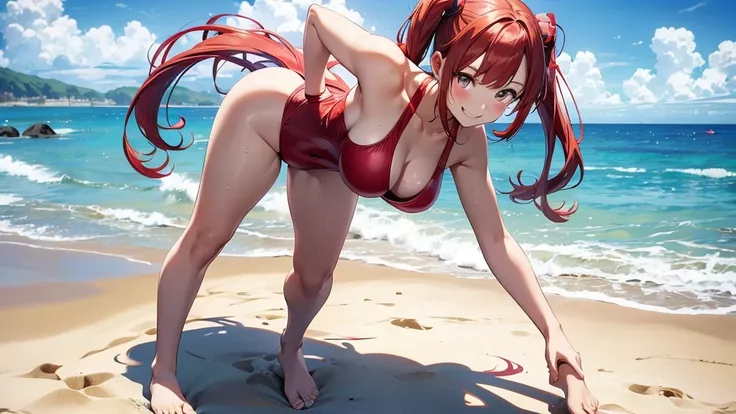 ore no imouto ga konna ni kawaii wake ga nai, 25-yers-old girl with crimson red hair - pulled up into twintail, wearing an anime one piece swimsuit,  smiling, beach cove background, full body portrait, walking on the beach 