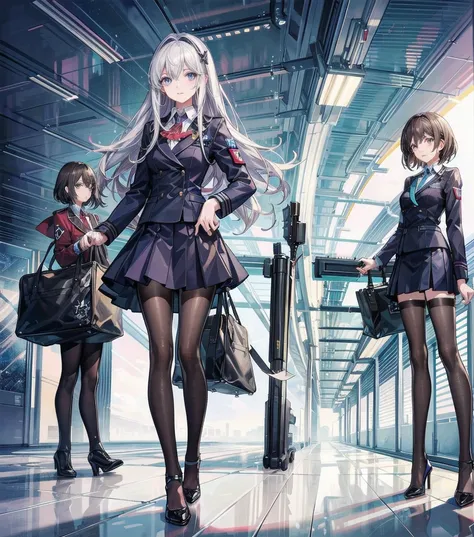 masterpiece, best quality, official art, extremely detailed, perfect hands, perfect eyes, 3girls, flight attendant, different uniforms, tight uniforms, high heels, airport