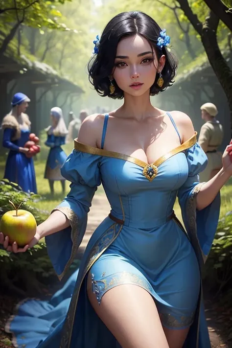 Very beautiful woman looking like snow white with blue dress on top and yellow on bottom dark and short hair holding an apple in the forest with seven elves