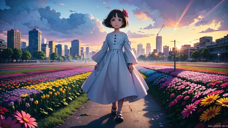 A vibrant flower blooms on the dirty ground of a large gray avenue. A crowd of gray, soulless people crosses the streets. A colorful , shining with bright tones, stands protectively over the flower, protecting her with his little hands and determined eyes....