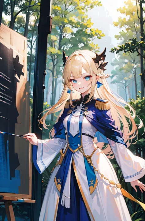 (Standing painting: 1.2) + (1girl:1.5)+ golden hair + princess cut + white knight uniform + detailed eyes and nose + deep blue eyes +  white battle uniform + domineering, masterpiece, best quality,evil smile,holy,((forest background)),adult,