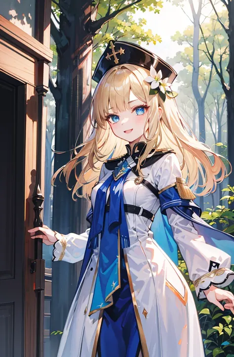 (standing painting: 1.2) + (1girl:1.5)+ golden hair + princess cut + white knight uniform + detailed eyes and nose + deep blue e...