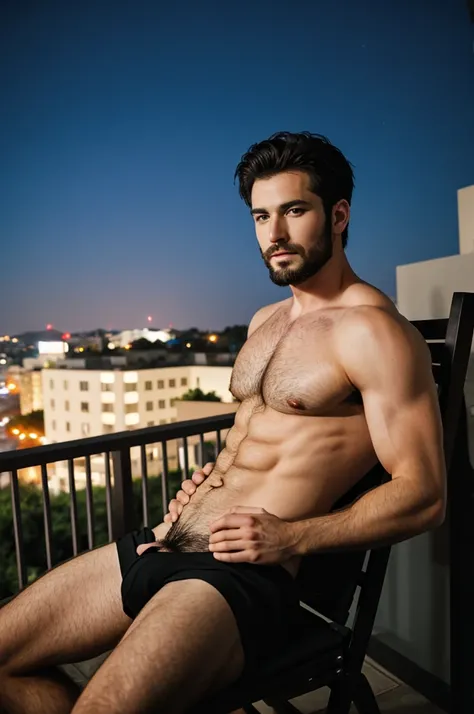 A sexy man with black hair sitting on a chair of his balcony, beautiful night time scenery, handsome face,(penis), looking at the camera seductively, realistic photo, masterpiece ,short beard, virile,body hair, cinematic lighting, bookeh , shadows and ligh...