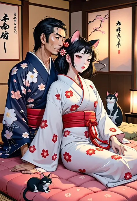 (utamaro style:1.3) , Hallucination, daydream , nightmare , Insane Dream , bokeh , erotica , romance , realistic mouse girl and realistic cat man , kimono , futon