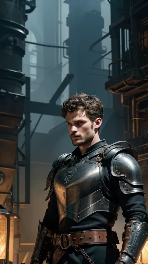 a man with multiple suits of armour,detailed face of jamie dornan,steampunk industrial dystopian background,dramatic lighting,moody cinematic atmosphere,muted color palette,award winning concept art,high quality digital painting,cinematic composition,intri...