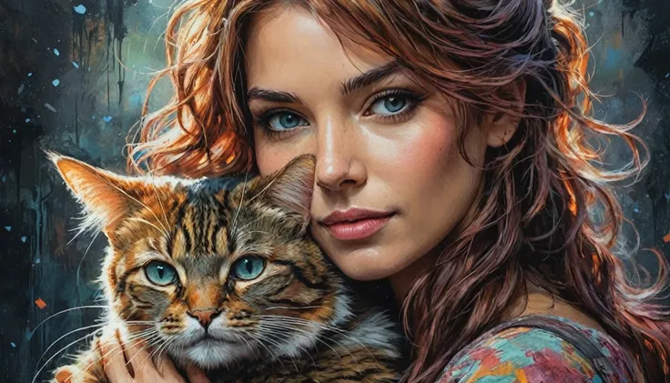 half  body,
a woman with her best friend her cat,
dark complex background, style by Thomas Kinkade+David A. Hardy+Carne Griffiths+Mandy Disher half vivid colors fine art, best quality, high detailed, detailed faces, 2d,