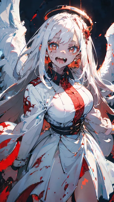 (woman\(a dark red angel halo made of blood is on his head., angel girl,my mouth is split,pure white hair,red eyes, pure white s...