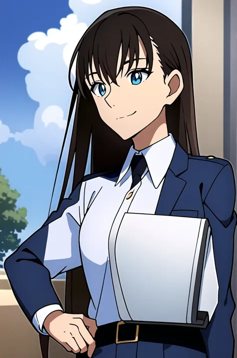 ((masterpiece)),((Highest quality)),Super detailed,figure,Miniskirt Police,uniform,警察 ミニスカートのuniform,One girl,tie,Policewoman,Have,alone,Long Hair,Black Hair,警察 Have,smile,blue eyes,null,View your viewers,Day,cloud,wood,shirt,Outdoor,Brown Hair,white shirt...