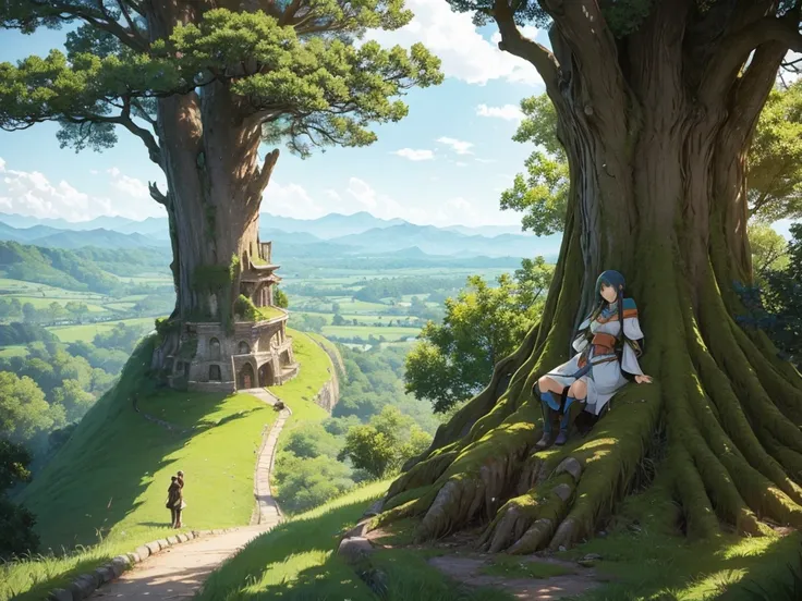 anime style, medieval anime, a giant tree on top of a relief, about 200 meters high, nothing close to the tree, scene seen in the distance