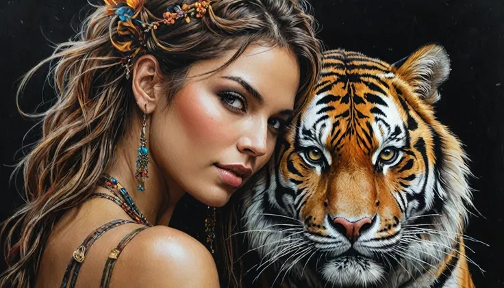 half  body,
a woman with her best friend her tiger,
dark complex background, style by thomas kinkade+david a. hardy+carne griffi...