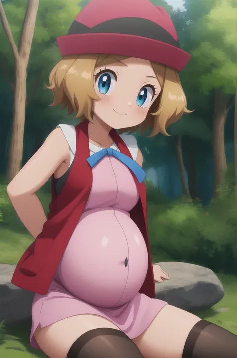 pkmnserena, 1girl, solo, blue eyes, blonde hair, short hair, bangs, hat, red headwear, 
naked, ribbon, sleeveless, neck ribbon, ...