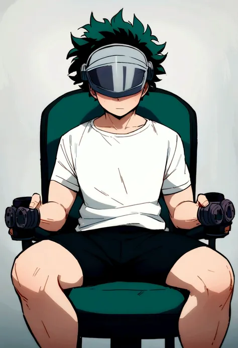 (masterpiece, best quality:1.2), solo, male focus, 1boy, midoriya izuku, short green hair, green eyes, white t-shirt, black shorts, green domed helmet with visor covering eyes, mind control device, blank expression, mouth slightly agape, relaxed body postu...