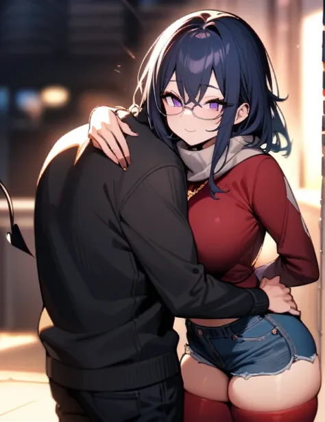 1 girl and 1 boy The girl: (masterpiece), best quality, expressive eyes, perfect hybrid succubus girl face, short girl, long cyan and blue hair, magenta eyes, glasses, happy, black sports top, red thigh - High stockings , demon tail, golden necklace with a...