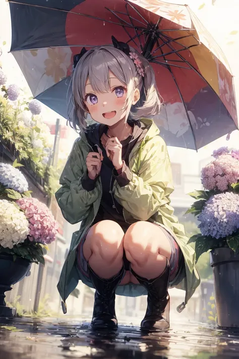 One Girl,rainbow,raincoat,yellow raincoat,rubber Knee-high boots,Hydrangea,flower,Long Hair,Twin tails,Knee-high boots,blush,umbrella,Open your mouth,hair ornaments,white background,Food,alone,Terboz,very Long Hair,Food up,Long sleeve,Low Ponytail,bow,bang...