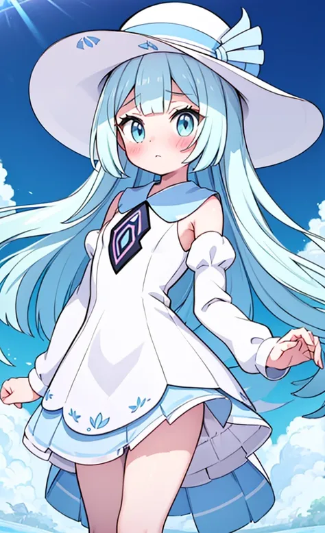 masterpiece,Highest quality,1 Girl,alone,blush with embarrassment,Lily,Pokemon,no sleeve white dress,White clothing with a light blue collar,Pokemon風の画風,(Bold:1.6),(Lose luster:1.5),(flat:1.5),White wide-brimmed hat with light blue ribbon,