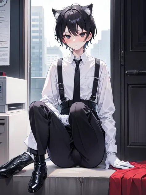 18-year-old Shota，cute，Wear a white long-sleeved shirt and a black work tie，Wear black pants，Wear black booties，Wear white gloves，wear cat ear，Black hair，Black eyes，Handsome，Disdainful and cold expression，shy，blush，porn