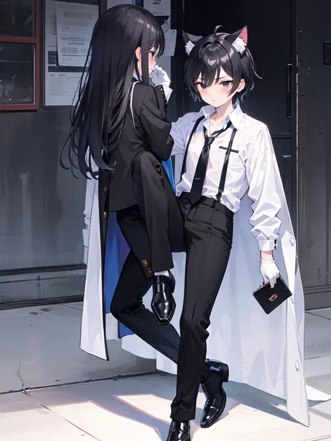 18-year-old Shota，cute，Wear a white long-sleeved shirt and a black work tie，Wear black pants，Wear black booties，Wear white gloves，wear cat ear，Black hair，Black eyes，Handsome，Disdainful and cold expression，shy，blush，porn