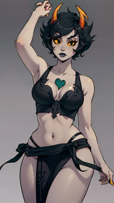 close-up portrait, kanaya, (horns), gray skin, short hair, [[simple background]], bellydancer, (midriff), collarbone, sleeveless, cleavage, wide hips, eyeliner, mature, (black eyes), (yellow sclera), galena, leg, low angle