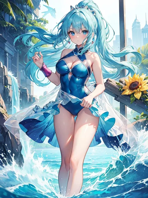 Gorgeous image quality, 8 k, high quality, masterpiece:1.2), ((masterpiece)), (high detail, high quality, Best Image Quality), young woman, Konosuba ,aqua, blue hair, Blue eyes, bikini, one-piece swimsuit, translucent clothing, bare hands, bare legs, I&#39...