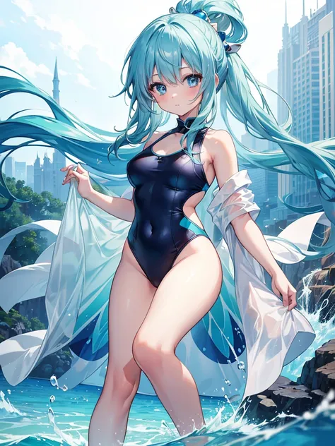 Gorgeous image quality, 8 k, high quality, masterpiece:1.2), ((masterpiece)), (high detail, high quality, Best Image Quality), young woman, Konosuba ,aqua, blue hair, Blue eyes, bikini, one-piece swimsuit, translucent clothing, bare hands, bare legs, I&#39...